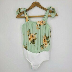 New Flynn Skye Karlie Bodysuit Womens XS/S Mint Gatherings Tie Shoulders Floral
